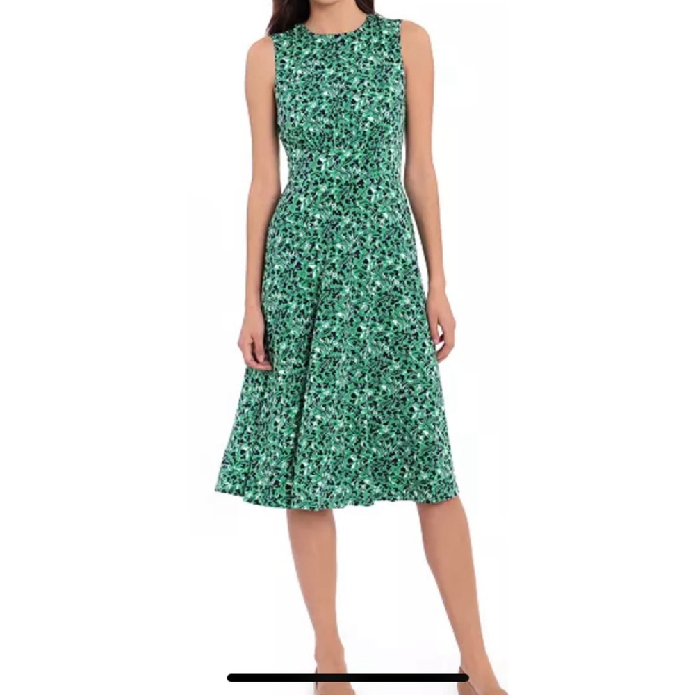London Style Green Floral A-Line Midi Dress